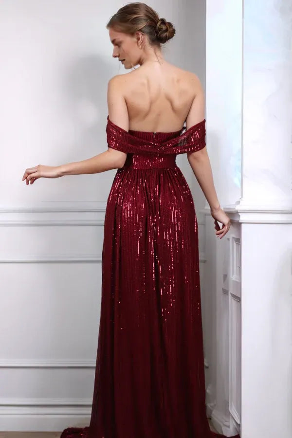 Weitese Dress Glitter & Sparkly A-Line Detachable Off Shoulder Sleeveless Fully Sequins Prom Party Dress High Side Slit and Train Back Zipper Formal Evening Gown