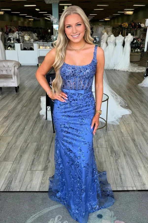 Weitese Dress Goreous Mermaid Square Neck Straps Sleeveless Fully Sequins Appliques Pleated Prom Party Dress Bow Knot Open Back Cocktail Dress