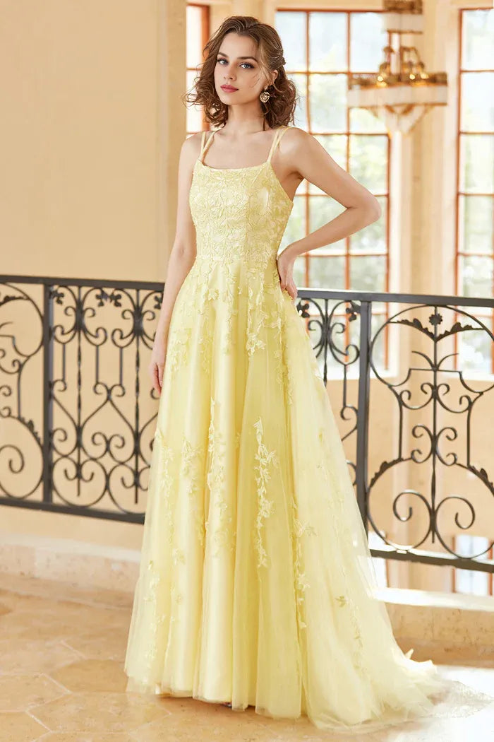 Vestido Weitese, precioso vestido de fiesta largo amarillo con tirantes finos, corte A y apliques, vestido de graduación.