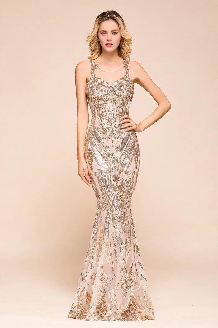 Weitese Dress Gorgeous Champagne Sequins Mermaid Party Dress Long Evening Gowns Prom Dress