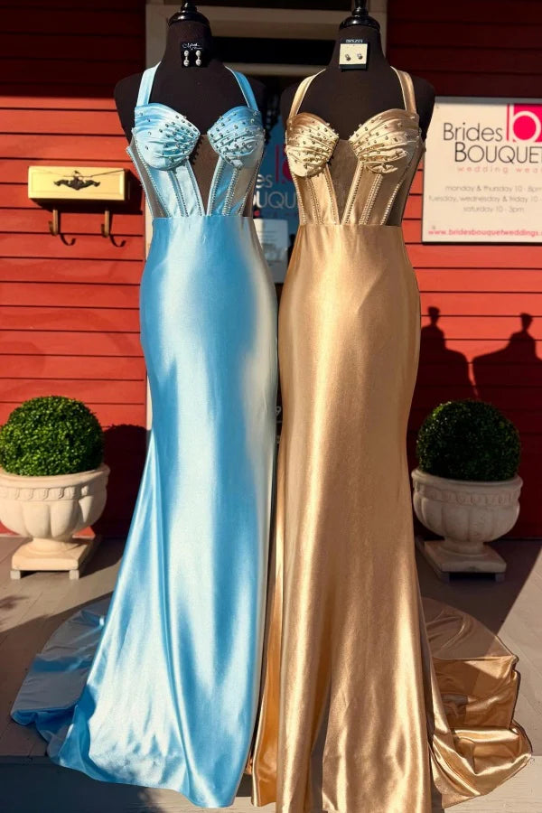 Weitese Dress Gorgeous Mermaid Sweetheart Neck Halter Sleeveless Beaded Pleated Lace Up Prom Party Dress Evening Formal Gown with Train