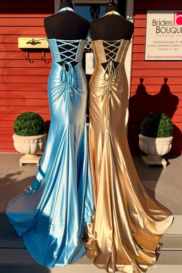 Weitese Dress Gorgeous Mermaid Sweetheart Neck Halter Sleeveless Beaded Pleated Lace Up Prom Party Dress Evening Formal Gown with Train