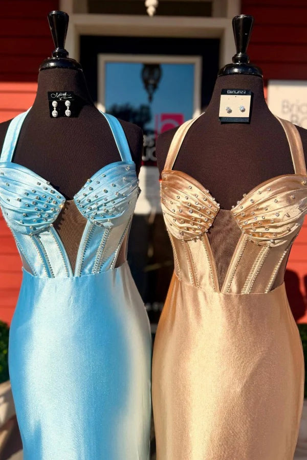 Weitese Dress Gorgeous Mermaid Sweetheart Neck Halter Sleeveless Beaded Pleated Lace Up Prom Party Dress Evening Formal Gown with Train