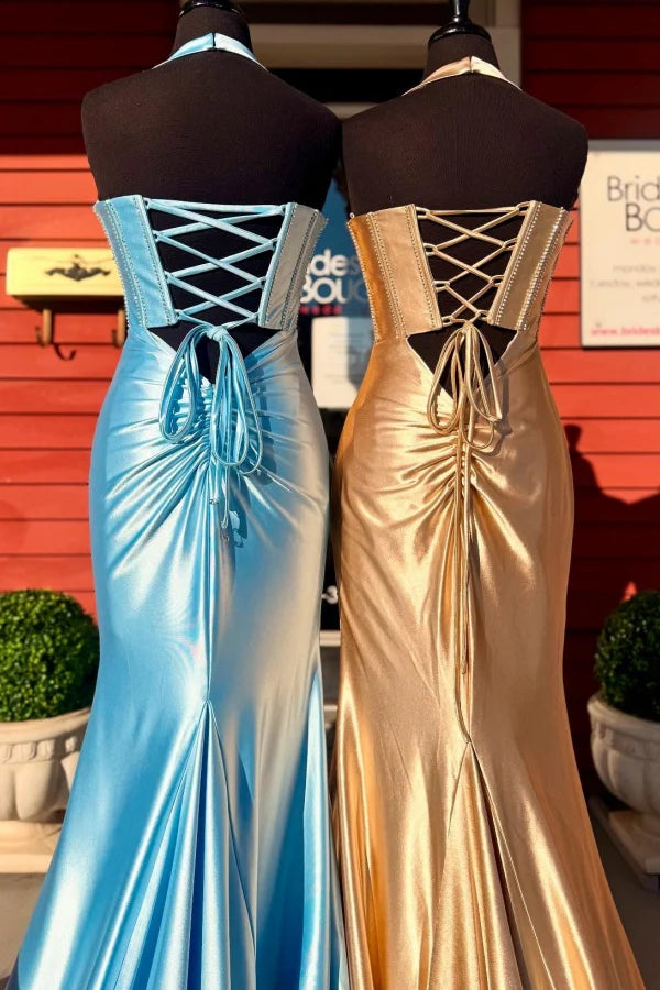 Weitese Dress Gorgeous Mermaid Sweetheart Neck Halter Sleeveless Beaded Pleated Lace Up Prom Party Dress Evening Formal Gown with Train