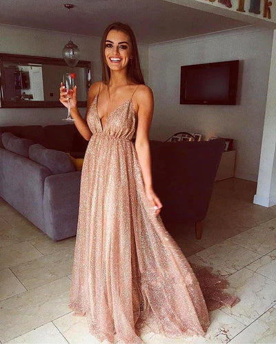 Weitese Dress Gorgeous Sequins A-line Long Prom Gowns New Arrival Spaghetti Straps V-neck Evening Dress Party Dress