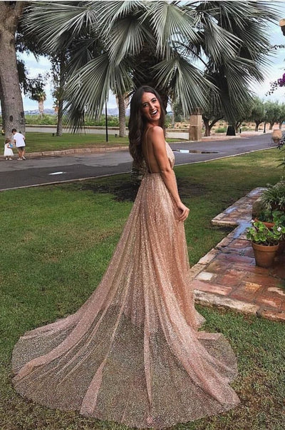 Weitese Dress Gorgeous Sequins A-line Long Prom Gowns New Arrival Spaghetti Straps V-neck Evening Dress Party Dress