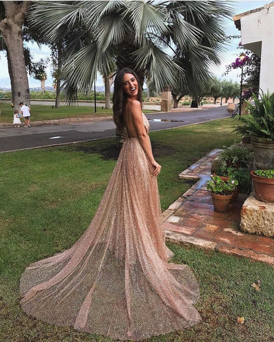 Weitese Dress Gorgeous Sequins A-line Long Prom Gowns New Arrival Spaghetti Straps V-neck Evening Dress Party Dress
