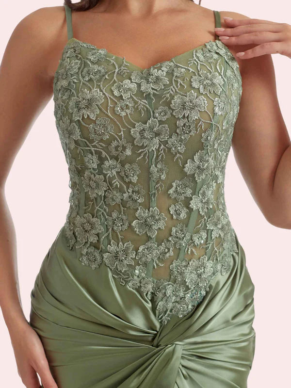 Robe Weitese magnifique col en V appliques en dentelle sirène plis fente avant satin doux robe longue robe de demoiselle d'honneur pour robe de bal 