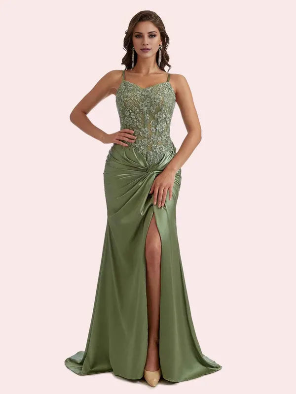 Robe Weitese magnifique col en V appliques en dentelle sirène plis fente avant satin doux robe longue robe de demoiselle d'honneur pour robe de bal 