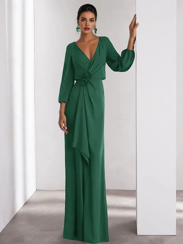 Weitese Dress Green A-Line Evening Gown Elegant Dress Formal Wedding Guest Floor Length Long Sleeve V Neck Crepe With Ruffles