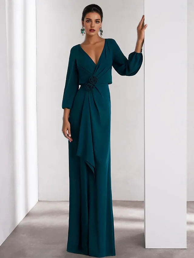 Weitese Dress Green A-Line Evening Gown Elegant Dress Formal Wedding Guest Floor Length Long Sleeve V Neck Crepe With Ruffles