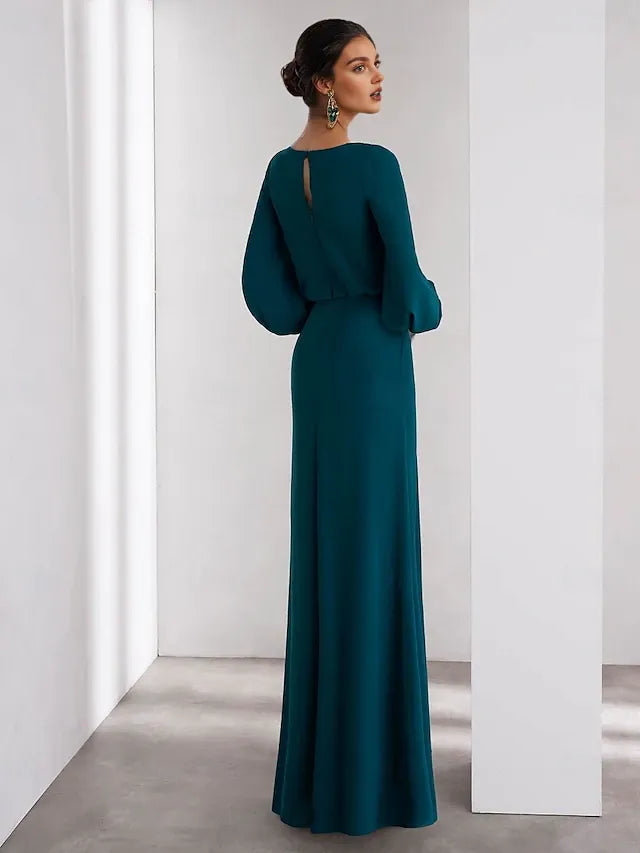 Weitese Dress Green A-Line Evening Gown Elegant Dress Formal Wedding Guest Floor Length Long Sleeve V Neck Crepe With Ruffles