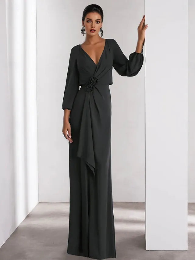 Weitese Dress Green A-Line Evening Gown Elegant Dress Formal Wedding Guest Floor Length Long Sleeve V Neck Crepe With Ruffles