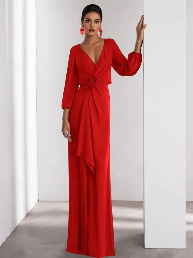 Weitese Dress Green A-Line Evening Gown Elegant Dress Formal Wedding Guest Floor Length Long Sleeve V Neck Crepe With Ruffles