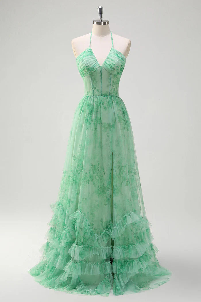 Robe longue verte Weitese, coupe trapèze, col en V, motif floral, corset, volants, avec fente, robe de bal 