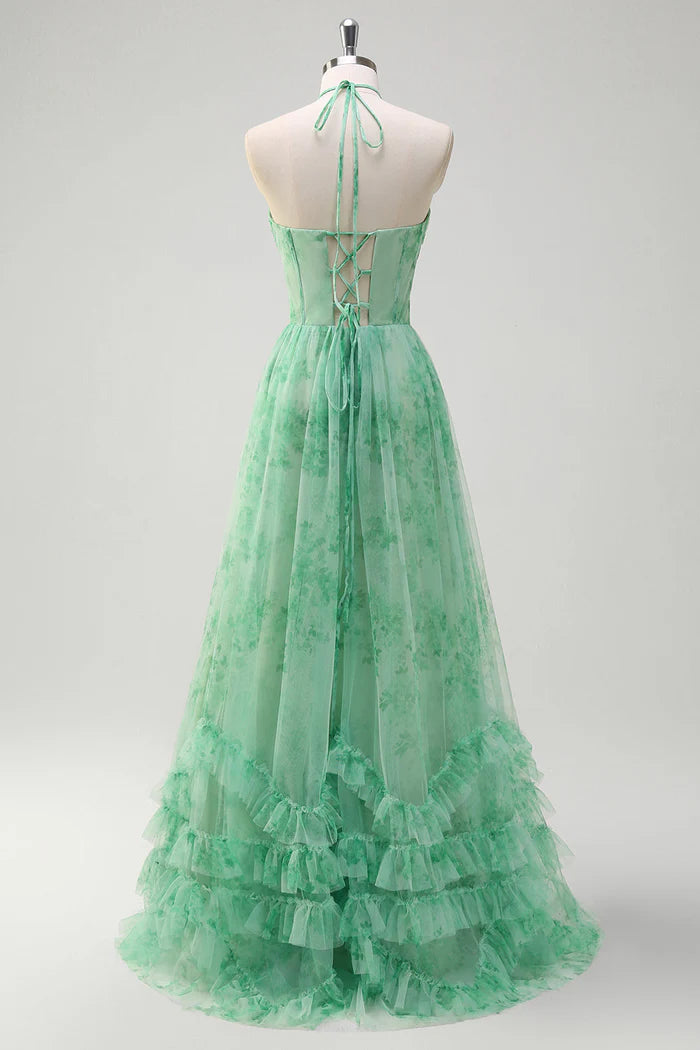 Robe longue verte Weitese, coupe trapèze, col en V, motif floral, corset, volants, avec fente, robe de bal 