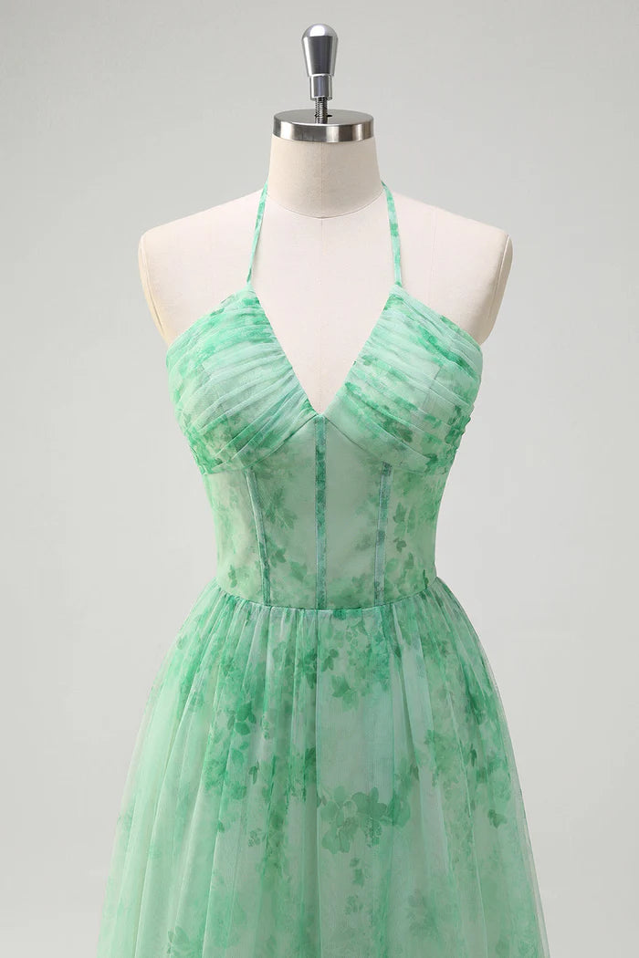 Robe longue verte Weitese, coupe trapèze, col en V, motif floral, corset, volants, avec fente, robe de bal 