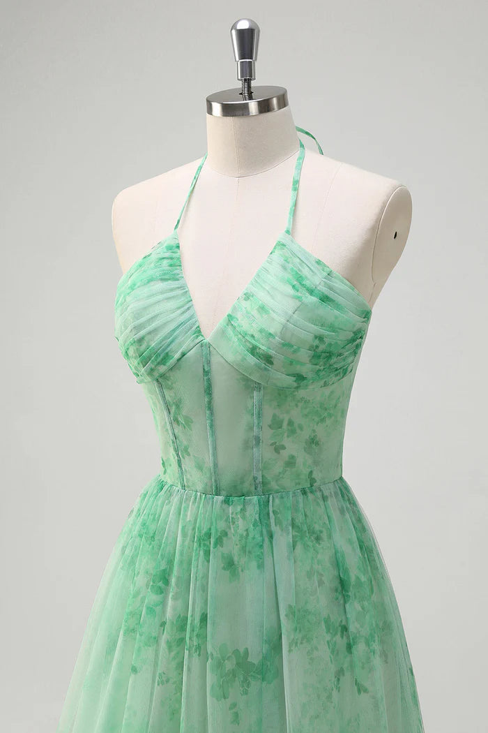 Robe longue verte Weitese, coupe trapèze, col en V, motif floral, corset, volants, avec fente, robe de bal 