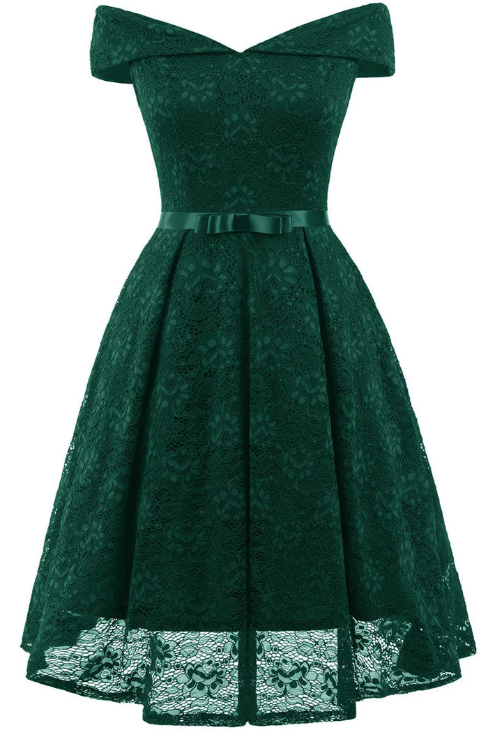 Weitese Dress Vintage Green Lace Off-the-shoulder Princess Homecoming Dress Knee Length A-Line Party Dress