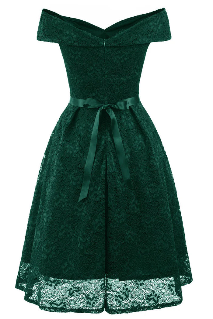 Weitese Dress Vintage Green Lace Off-the-shoulder Princess Homecoming Dress Knee Length A-Line Party Dress
