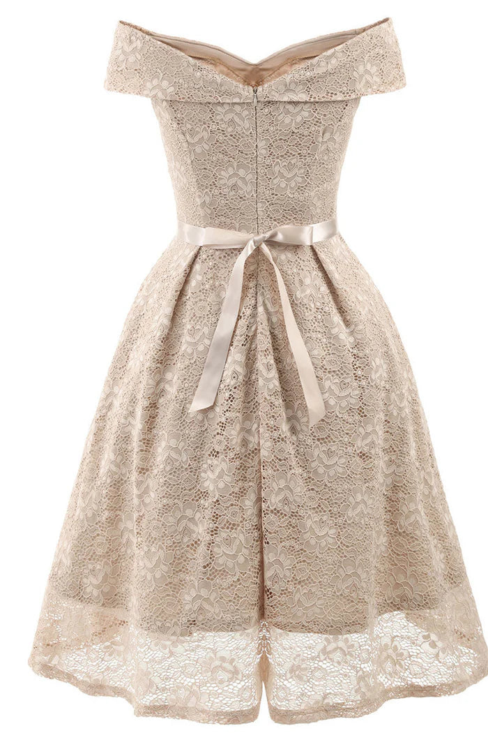 Weitese Dress Vintage Green Lace Off-the-shoulder Princess Homecoming Dress Knee Length A-Line Party Dress