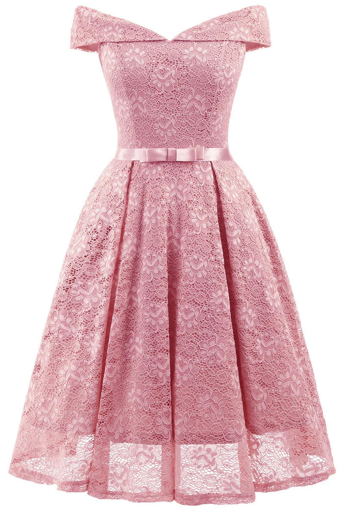 Weitese Dress Vintage Green Lace Off-the-shoulder Princess Homecoming Dress Knee Length A-Line Party Dress