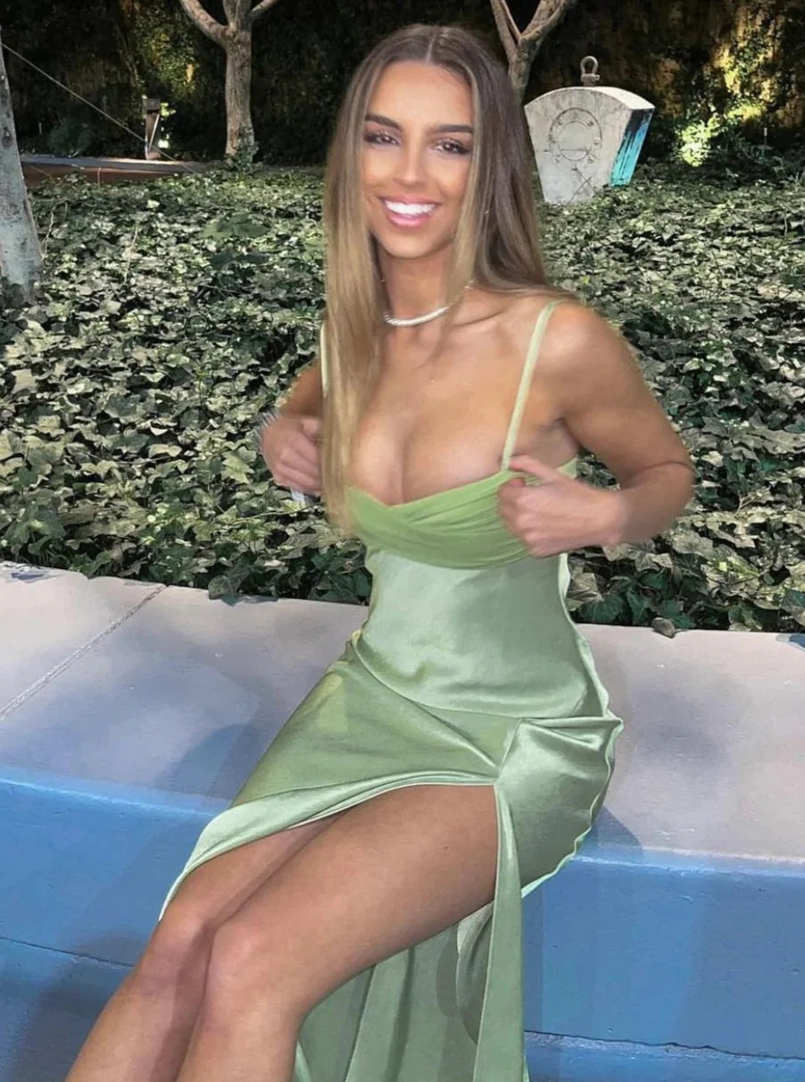 Robe de bal sirène verte sexy à bretelles spaghetti, sans manches, en satin, longueur cheville, avec fente latérale 