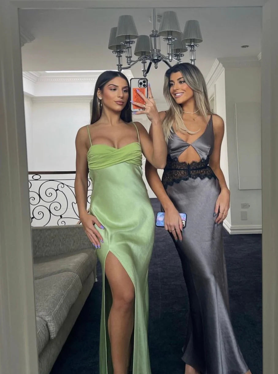 Robe de bal sirène verte sexy à bretelles spaghetti, sans manches, en satin, longueur cheville, avec fente latérale 