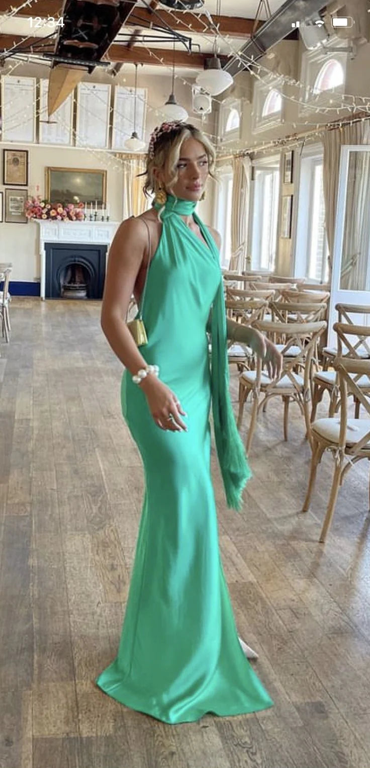 Robe Weitese verte simple et élégante, dos nu, fente, longue, slim, en satin, robe de soirée, robe de bal, robe d'invitée de mariage