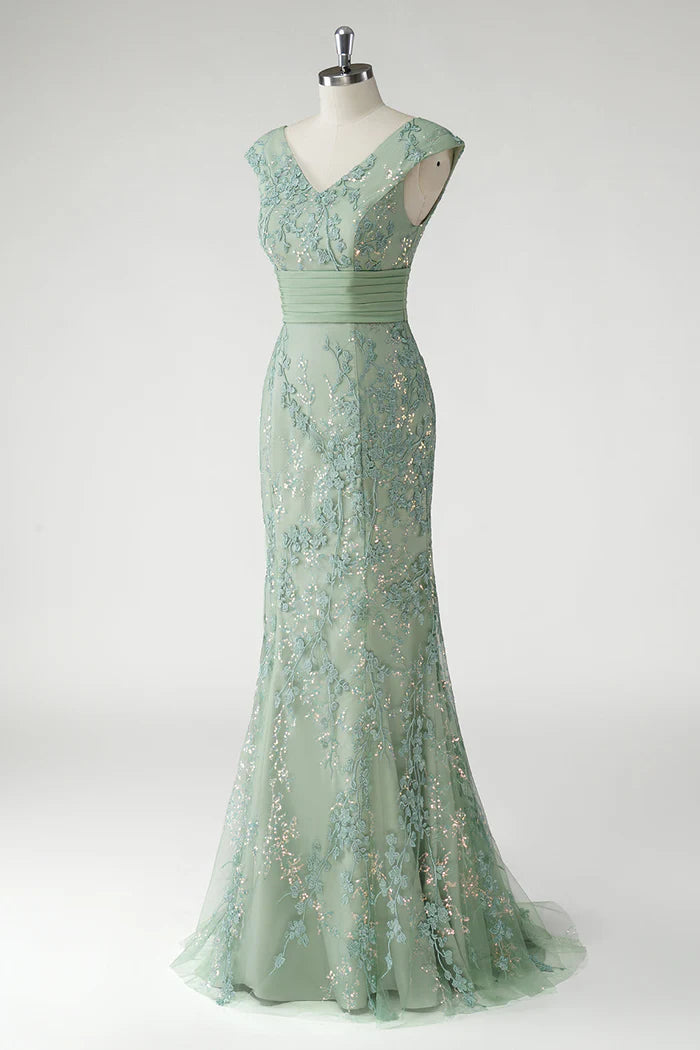 Robe longue verte Weitese, col en V, style sirène, paillettes, manches courtes, robe de bal avec appliques, robe de soirée 