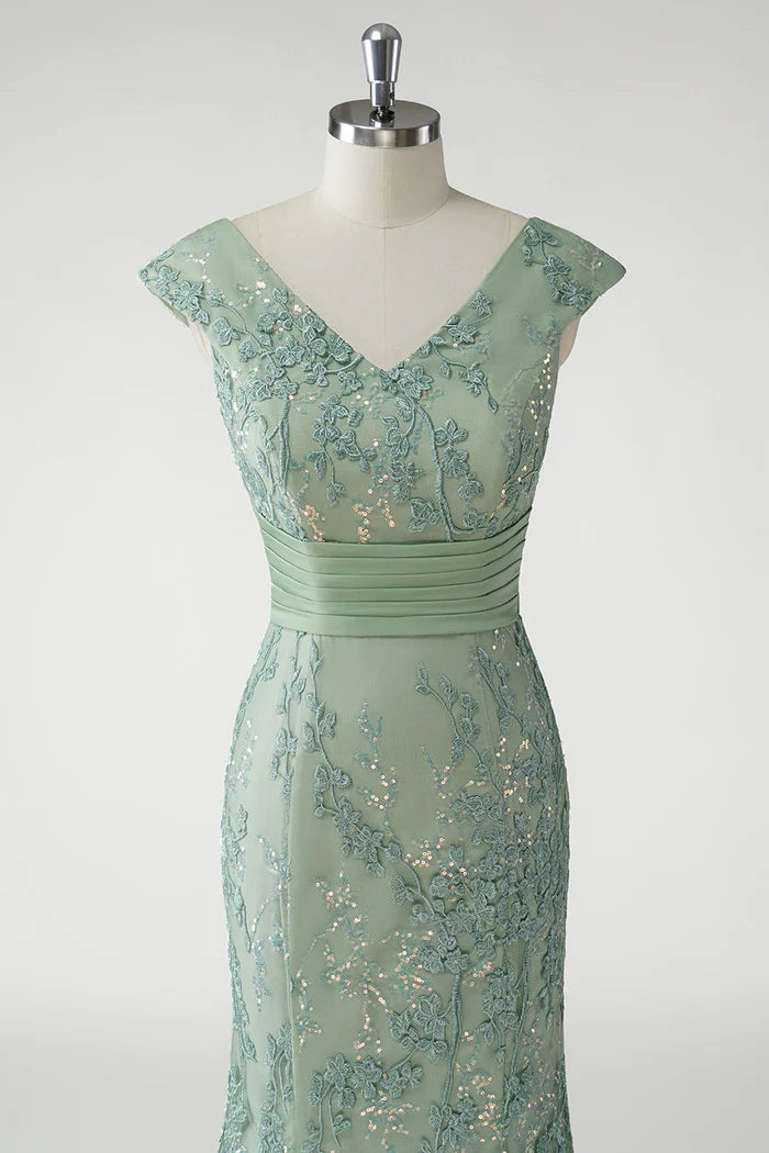 Robe longue verte Weitese, col en V, style sirène, paillettes, manches courtes, robe de bal avec appliques, robe de soirée 