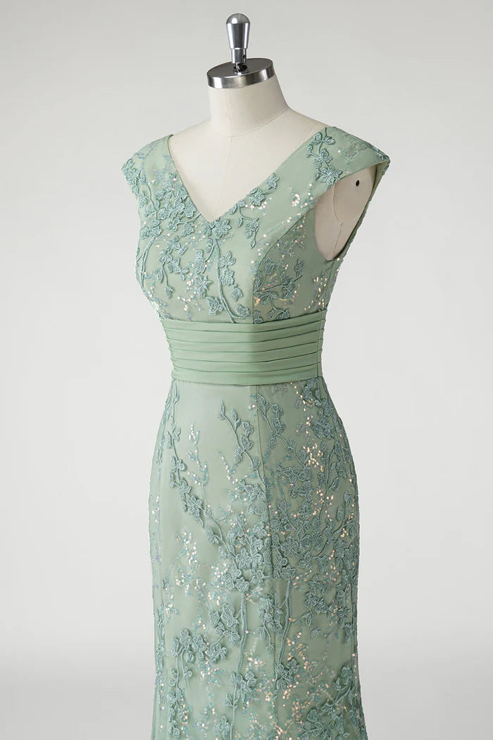 Robe longue verte Weitese, col en V, style sirène, paillettes, manches courtes, robe de bal avec appliques, robe de soirée 
