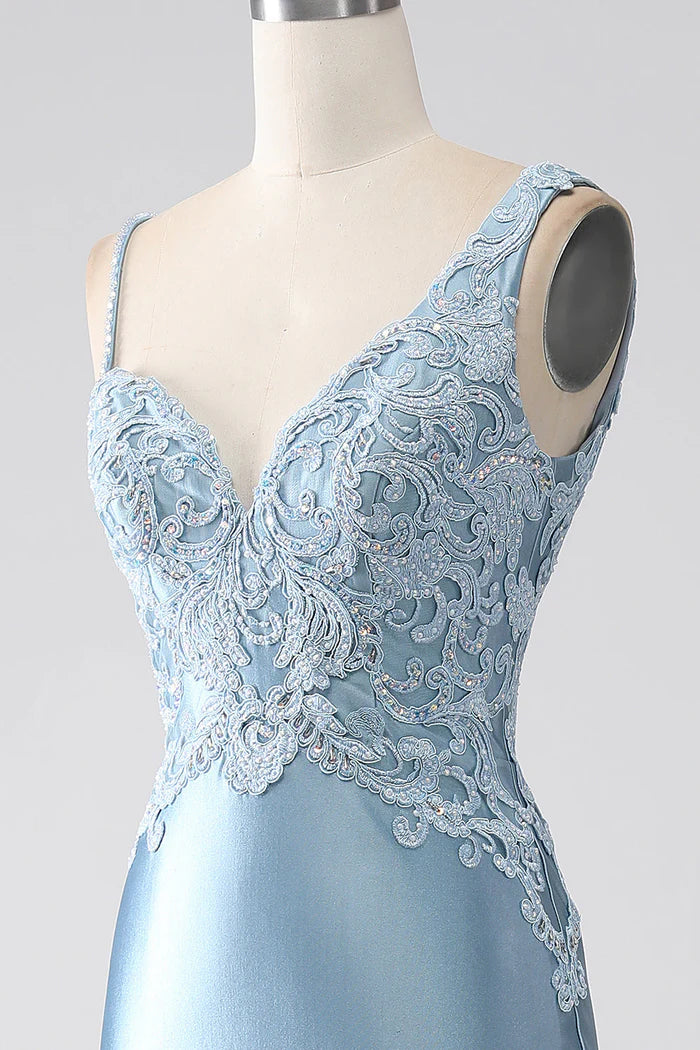 Weitese Dress Grey Blue Mermaid Spaghetti Straps Beaded Party Dress Maxi Dress With Appliques Prom Dress