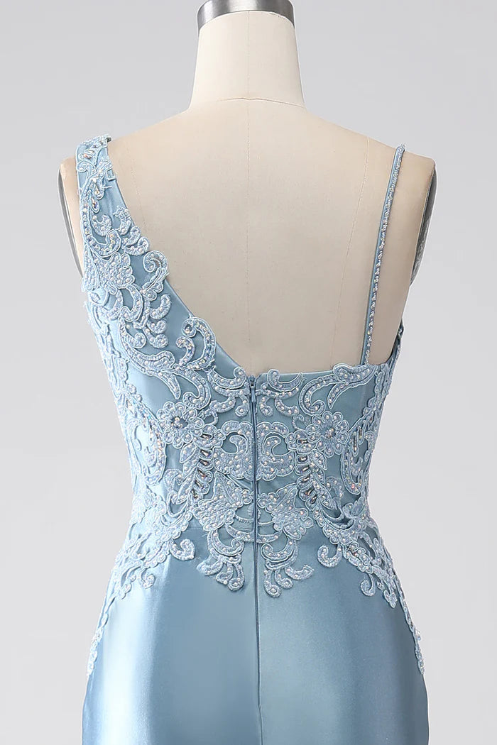 Weitese Dress Grey Blue Mermaid Spaghetti Straps Beaded Party Dress Maxi Dress With Appliques Prom Dress