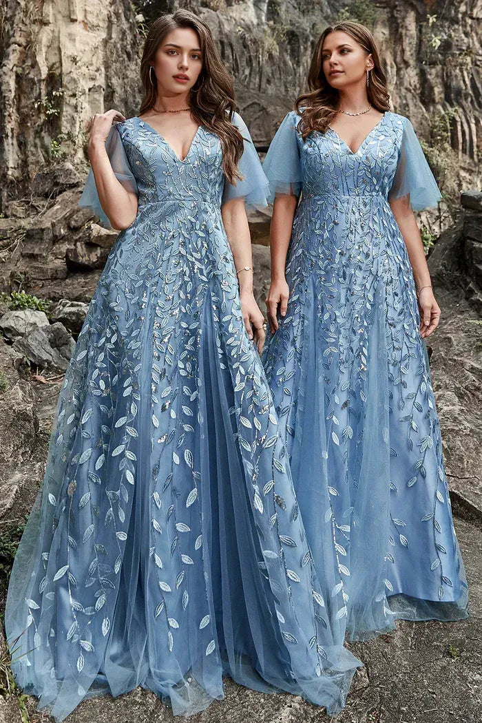 Weitese Dress Grey Blue Tulle Embroidered Leaves Party Dress A-Line V Neck Prom Dress