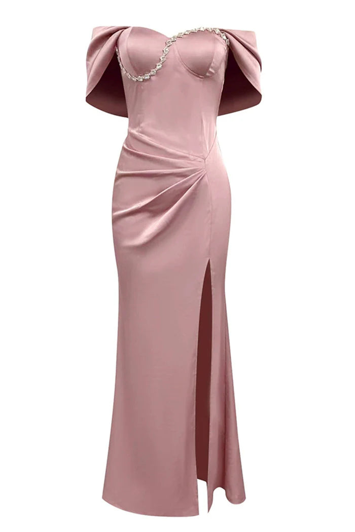Vestido Weitese gris rosa tubo hombros descubiertos fruncido maxi vestido de fiesta con abertura vestido de noche 