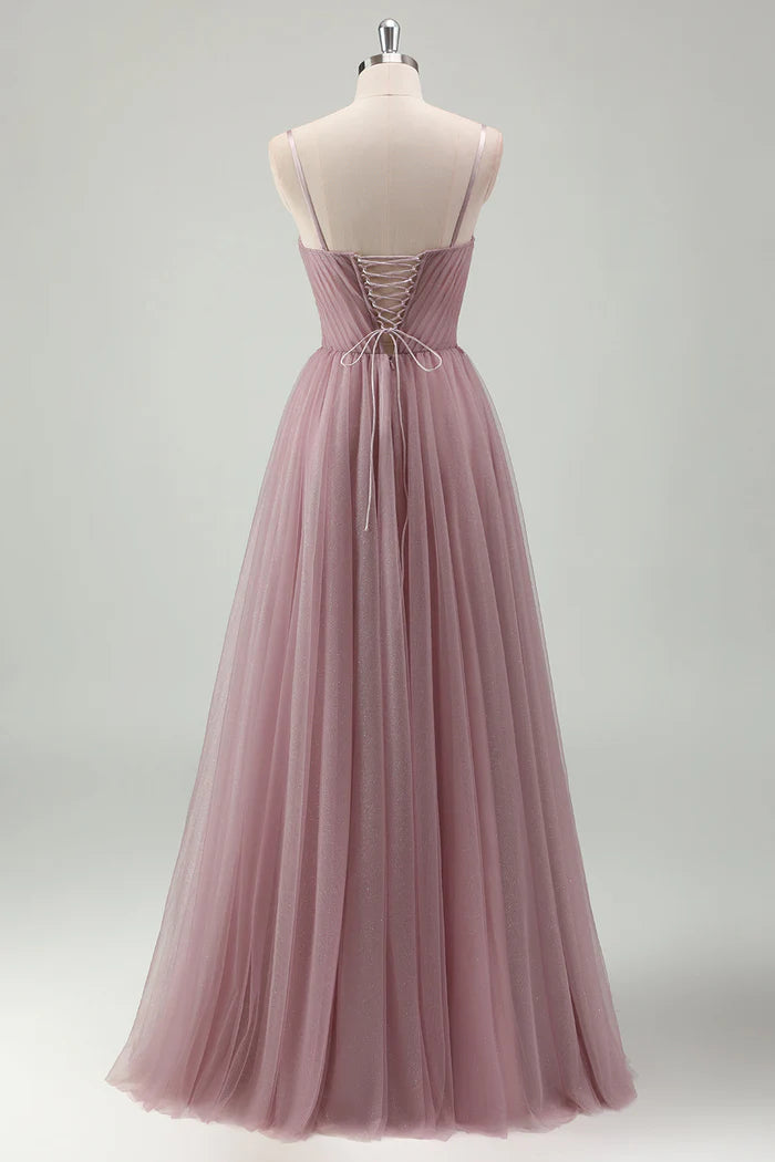 Robe Weitese Gris Violet Bretelles Spaghetti Maxi Robe Robe de Bal Sans Manches Robe de Soirée Trapèze en Tulle 