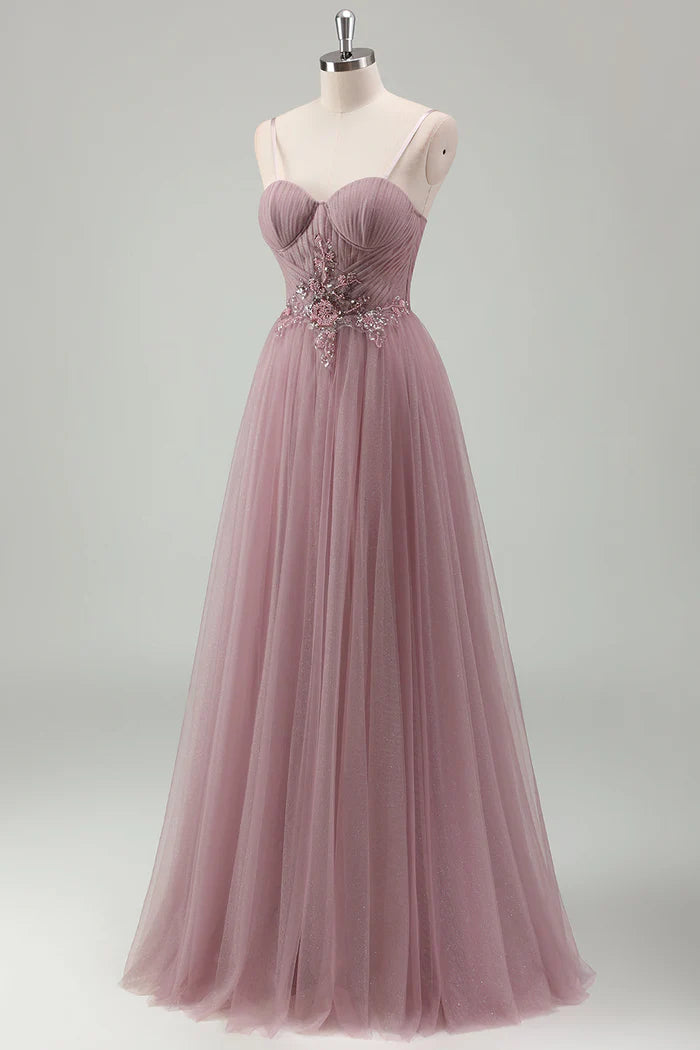 Robe Weitese Gris Violet Bretelles Spaghetti Maxi Robe Robe de Bal Sans Manches Robe de Soirée Trapèze en Tulle 