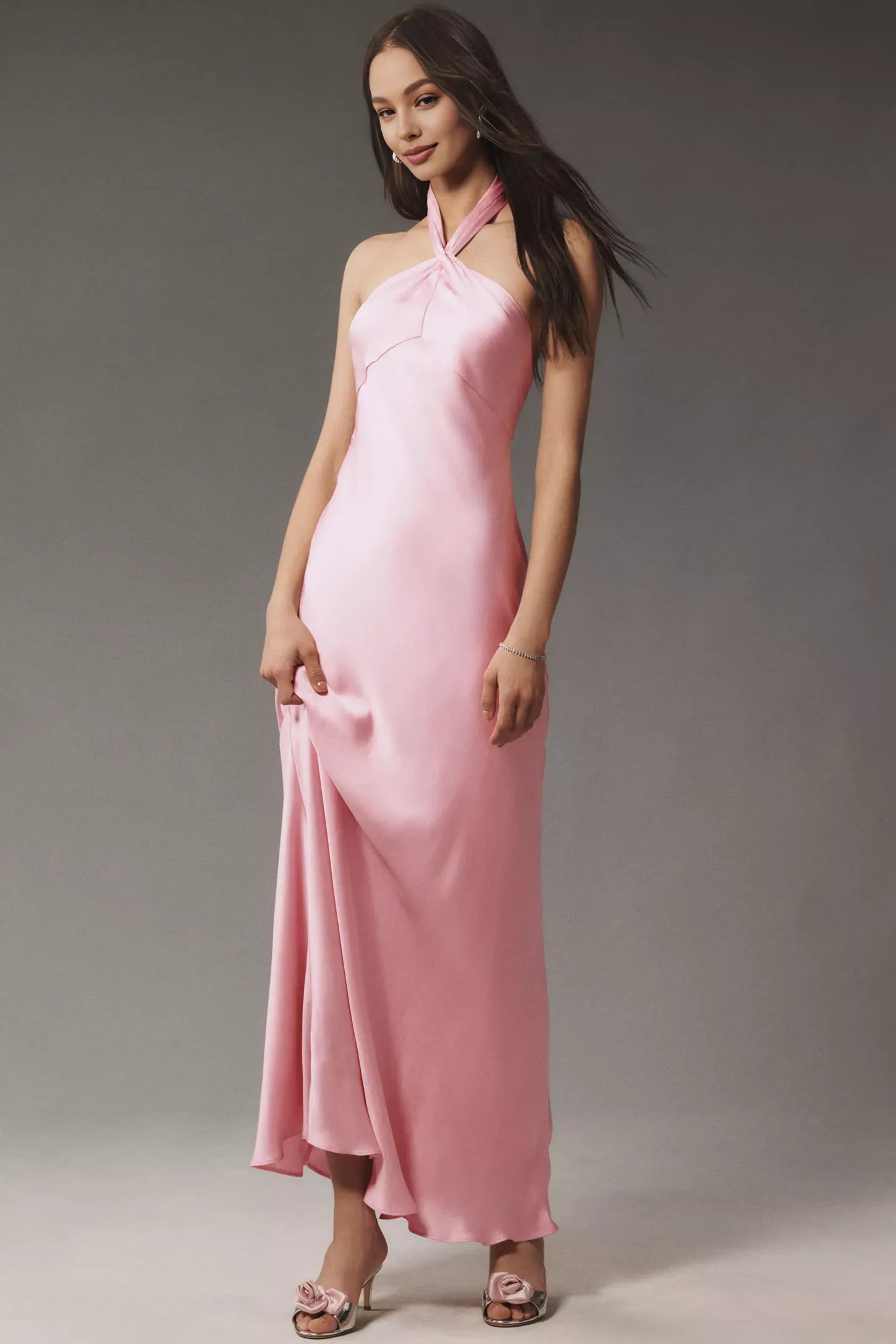 Robe Weitese Robe longue en satin à col licou Robe de bal colonne sans manches dos nu chocolat 