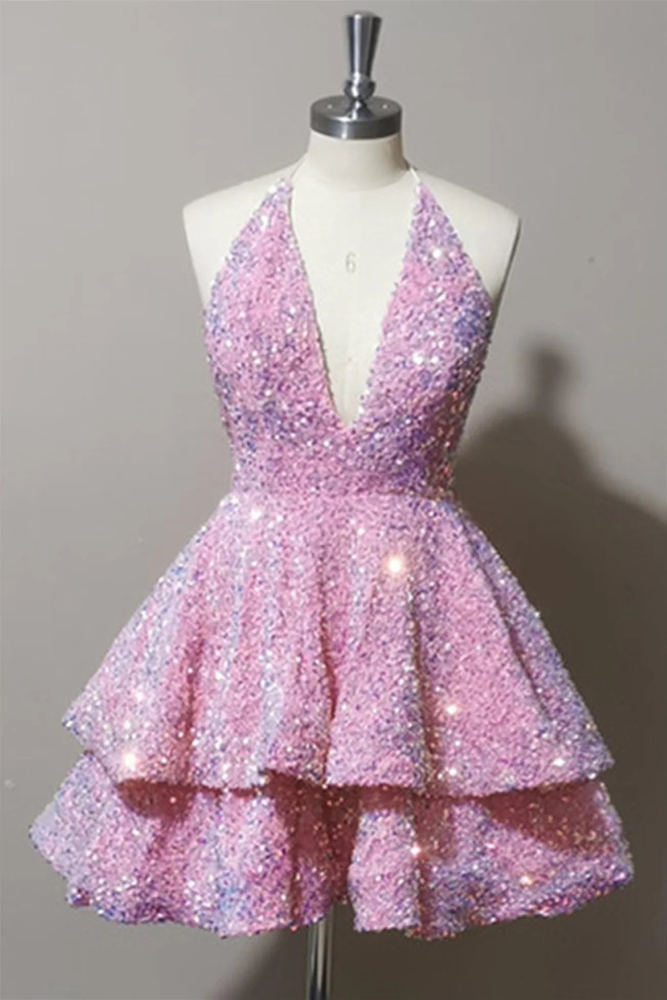 Weitese Dress Halter Backless V Neck Pink Tiered Sequin Short Homecoming Dress