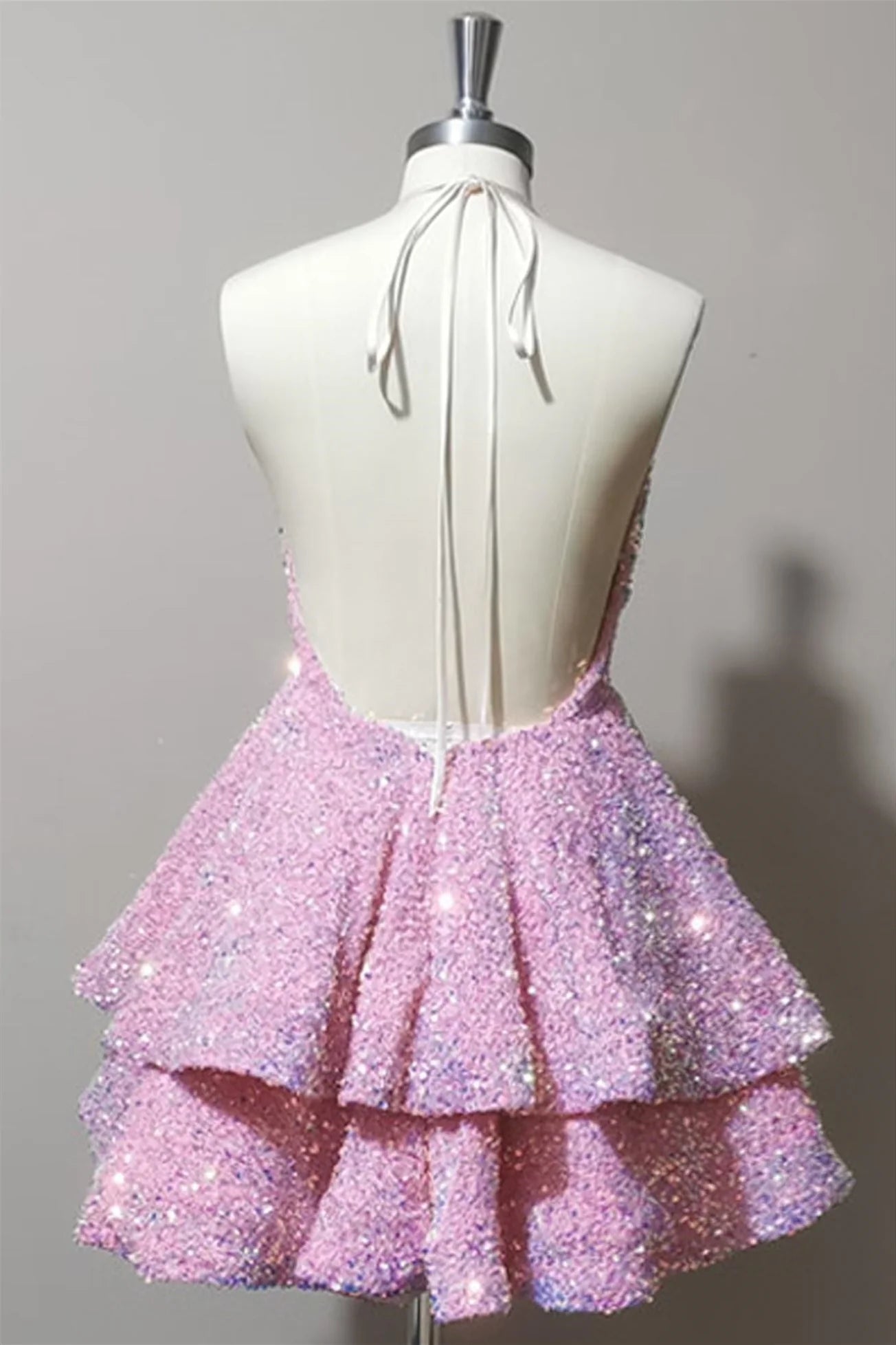 Weitese Dress Halter Backless V Neck Pink Tiered Sequin Short Homecoming Dress