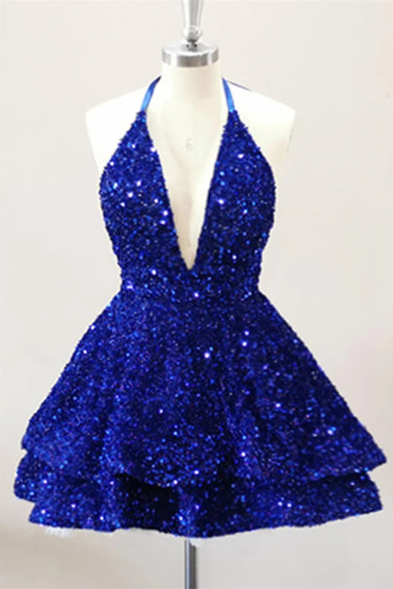 Robe Weitese dos nu col en V rose à paillettes et volants 