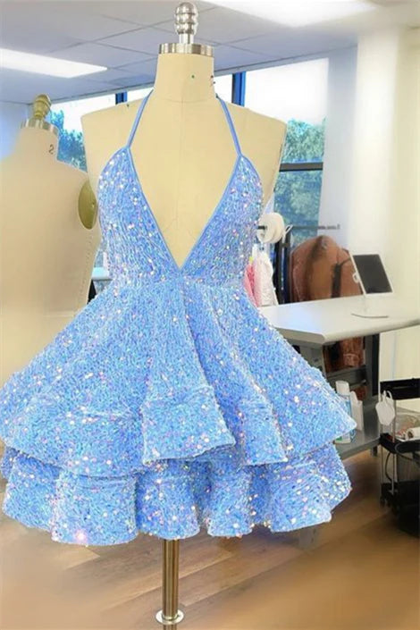 Robe Weitese dos nu col en V rose à paillettes et volants 