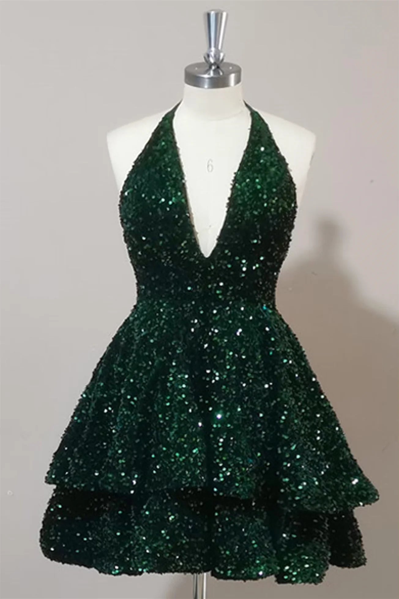 Robe Weitese dos nu col en V rose à paillettes et volants 