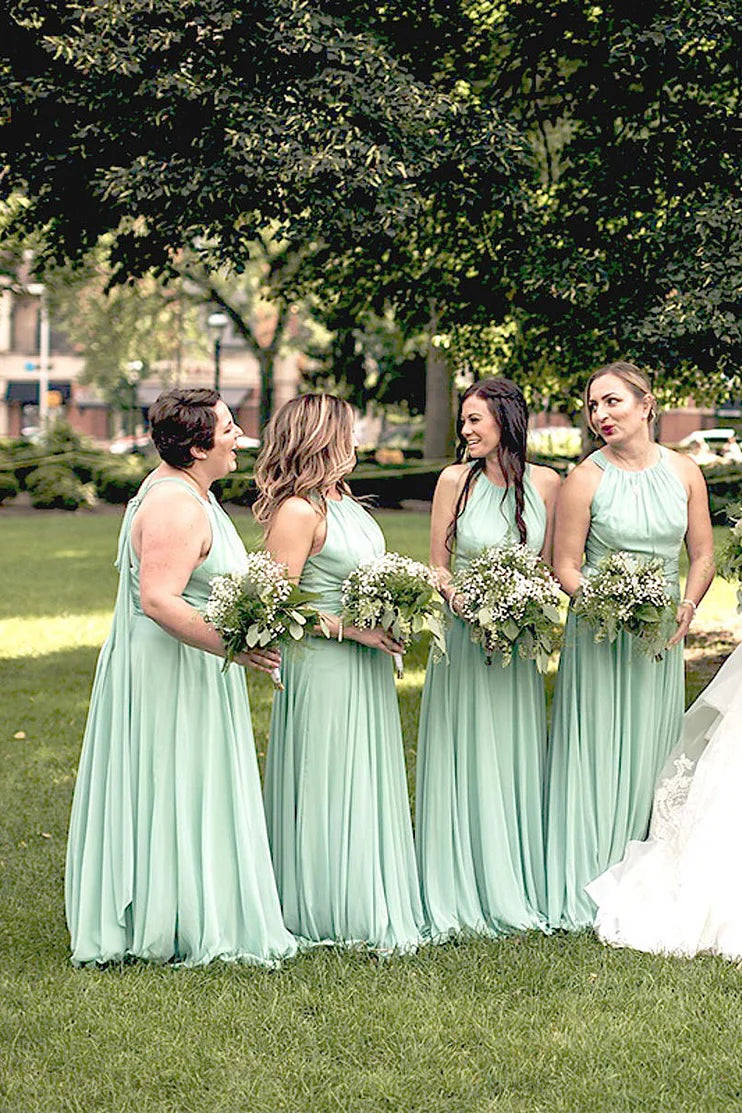 Weitese Dress Halter Blue Chiffon A-line Long Bridesmaid Dress Formal Wear Dresses