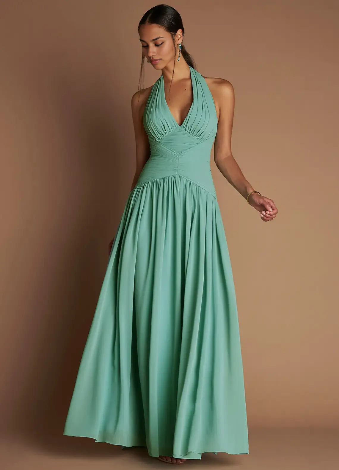 Weitese Dress Halter Elegant Chiffon Maxi Dress Sleeveless A-line Pleated Prom Dress With Flutter Scarf