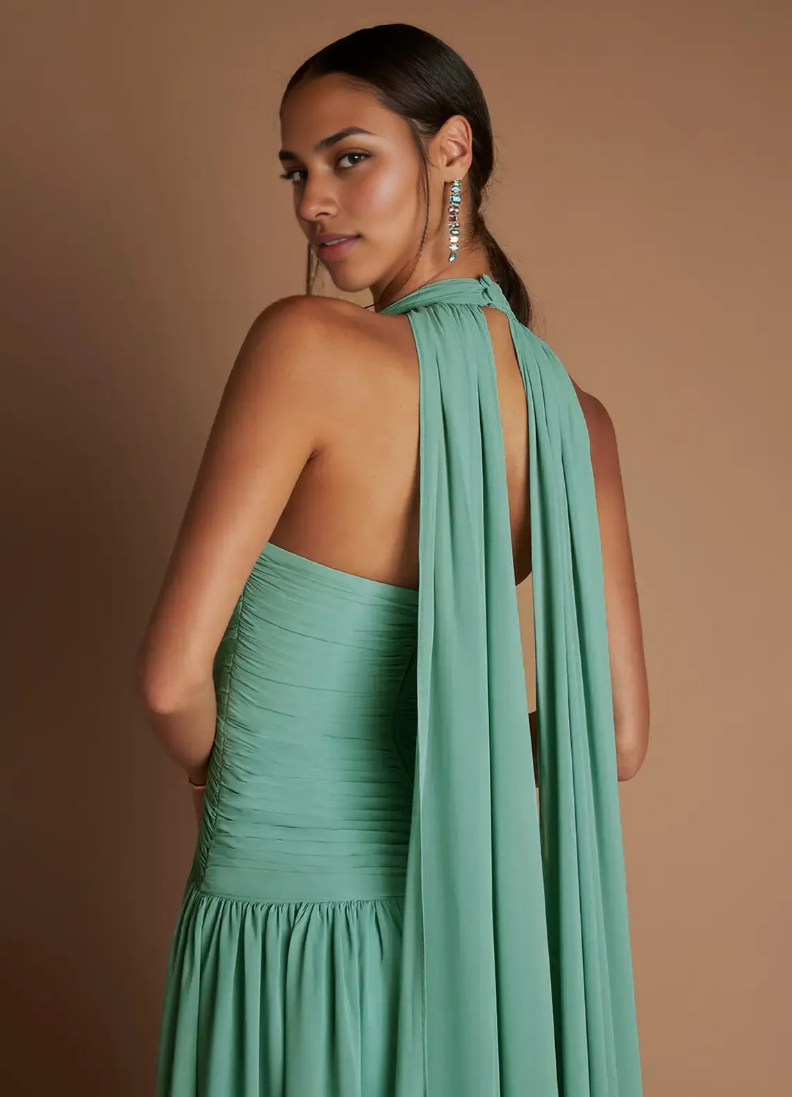 Weitese Dress Halter Elegant Chiffon Maxi Dress Sleeveless A-line Pleated Prom Dress With Flutter Scarf