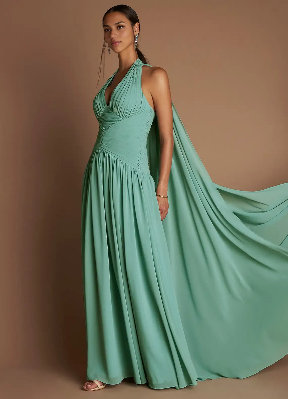 Weitese Dress Halter Elegant Chiffon Maxi Dress Sleeveless A-line Pleated Prom Dress With Flutter Scarf