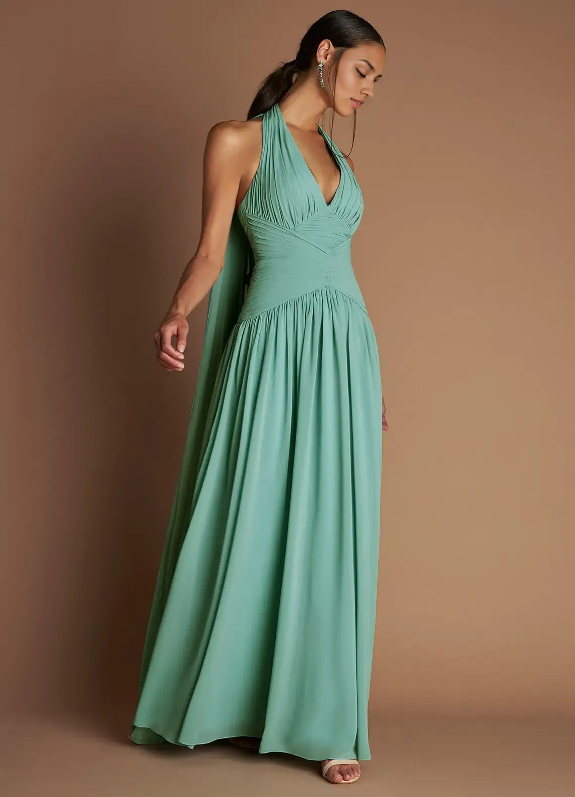 Weitese Dress Halter Elegant Chiffon Maxi Dress Sleeveless A-line Pleated Prom Dress With Flutter Scarf