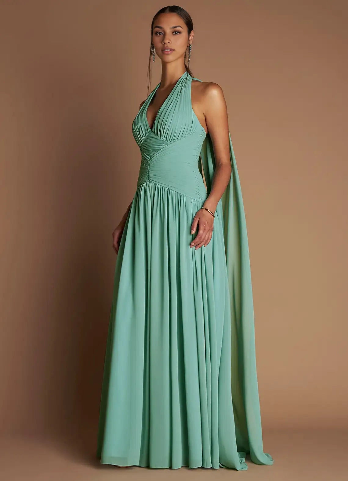 Weitese Dress Halter Elegant Chiffon Maxi Dress Sleeveless A-line Pleated Prom Dress With Flutter Scarf